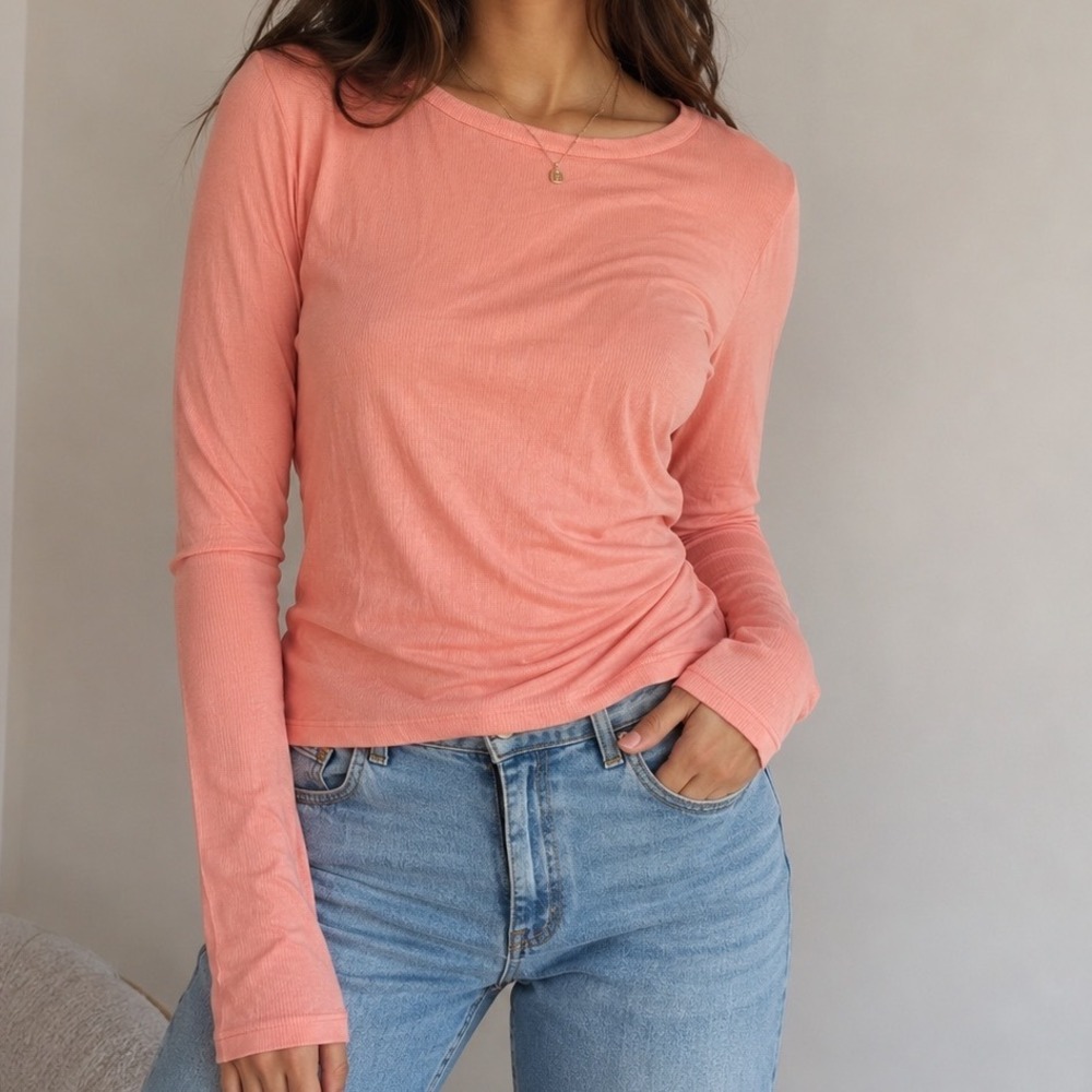 American Eagle Soft & Sexy Rib Long Sleeve Top Peach Coral Size Large gf